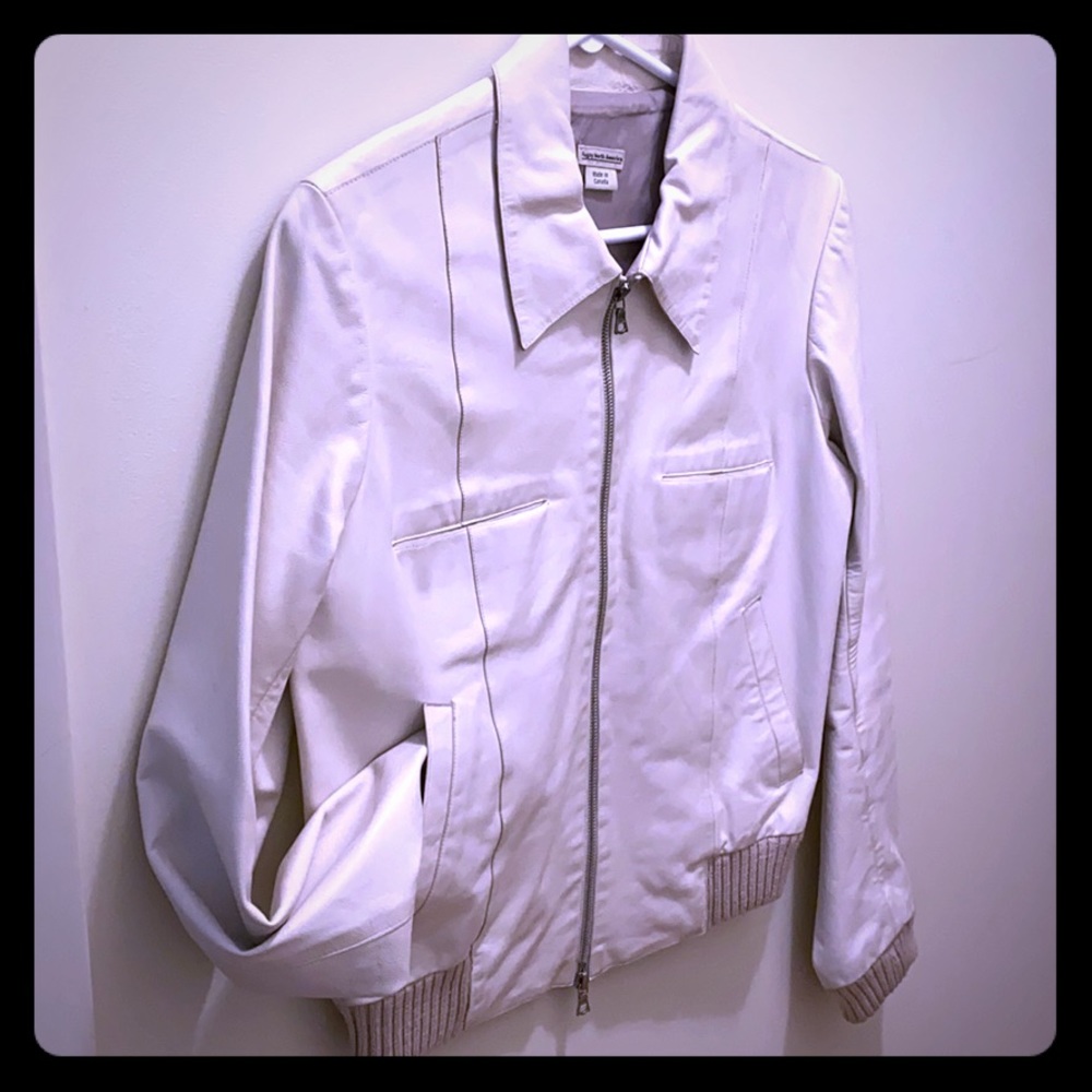 Rugby White Leather Bomber Jacket
